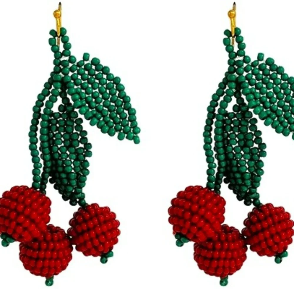 FANCY FRUIT SEED BEAD HOOP EARRINGS CHERRY - Picture 1 of 1